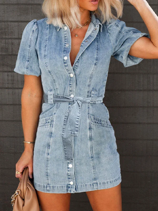 Formal Dresses for Occasions -Boho Babe Puff Sleeve Button Up Denim Dress