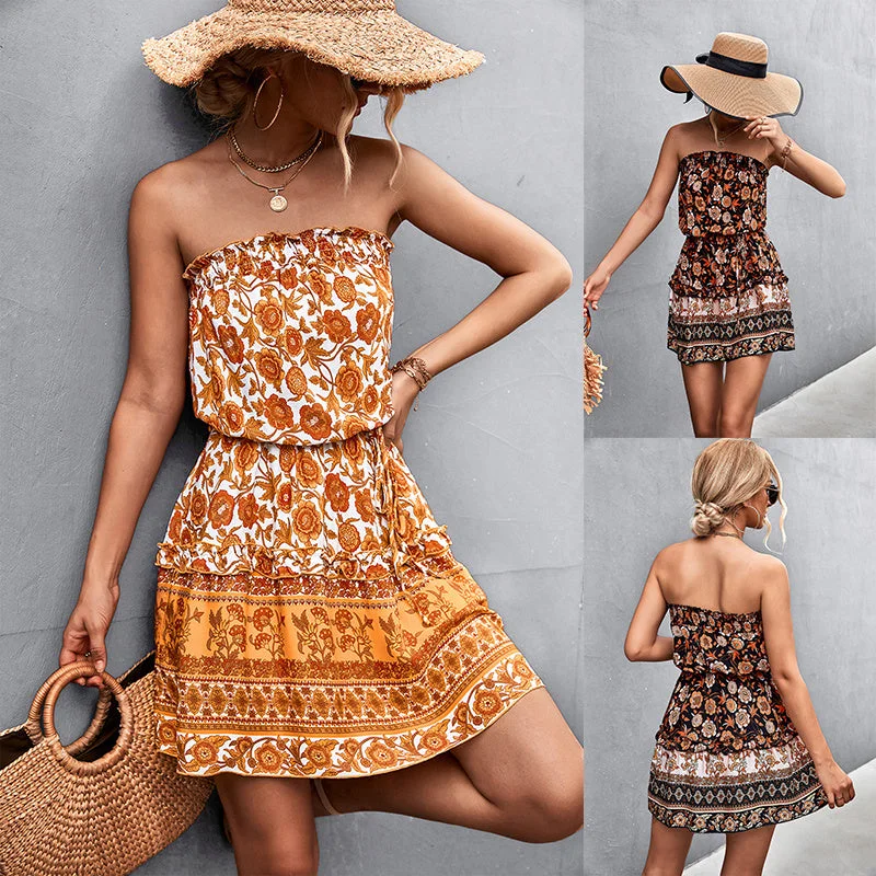 Beach Dresses for Coastal -Bohemian Summer Floral Print Mini Strapless Dress