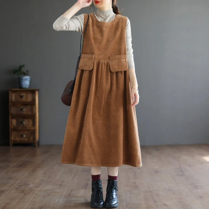 Graduation Dresses for Milestone -Artistic  Corduroy Mid-length Sleeveless Vest Dress Dress