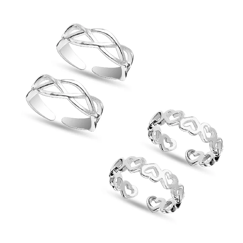 Rings with raw topaz for icy charm -925 Sterling Silver Set of 2 Pairs Infinity Heart Combo Adjustable Band Toe Ring for Women