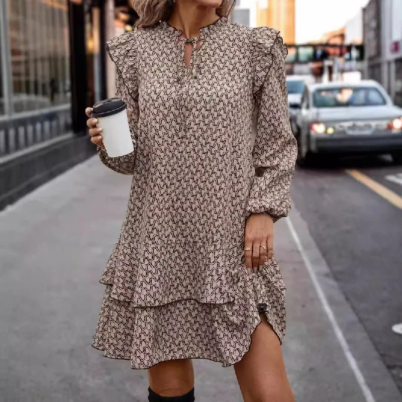 Ethnic Dresses with Tribal Design -Bohemian Printed V-neck Lace-up Long Sleeve Dress