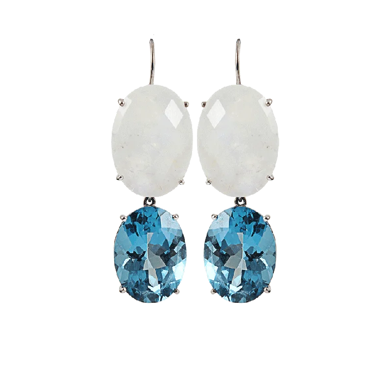 Magnetic Closure Drop Earrings for Easy -Double Oval Rainbow Moonstone and London Blue Topaz Earrings