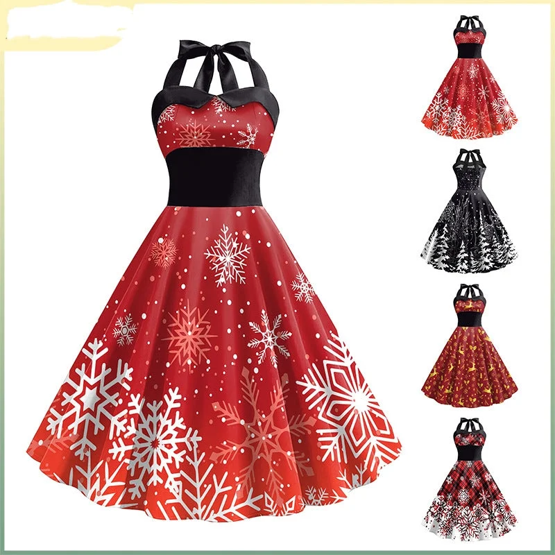 High-waisted Dresses for Flatter -Women's Christmas Snowflake Print Strap High Waist Dress