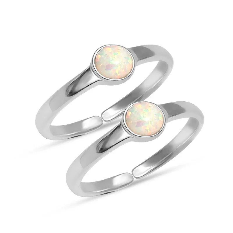 Rings with starburst topaz for radiant beauty -925 Sterling Silver Gemstone Lightweight White Opal Round Band Adjustable Toe Ring for Women