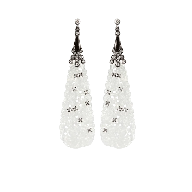 Contemporary Drop Earrings for Fashion -White Carved Jade and Diamond Earrings