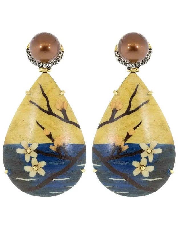 Animal Print Drop Earrings for Fun -Marquetry Cherry Blossom Teardrop Earrings