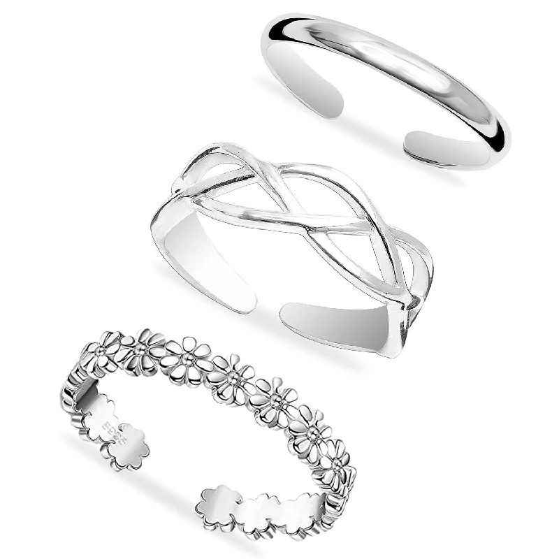 Rings with black diamond for striking contrast -925 Sterling Silver Set of 3 Pcs Hypoallergenic Plain Cutwork Hawaiian Leaf Open Adjustable Band Toe Rings for Women