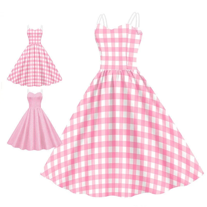 Mini Dresses for Youthful Look -Women's Barbie Digital Print Pink Plaid Dress