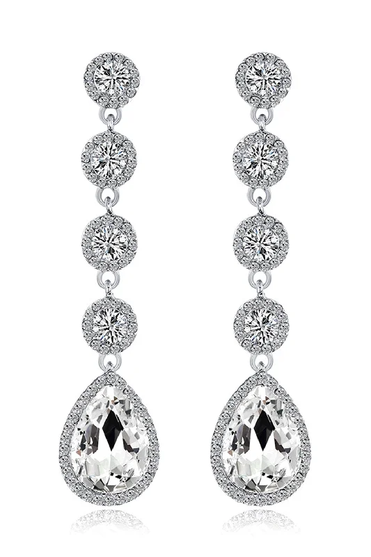 Ethnic Drop Earrings with Tribal Design -Bridal White Clear Crystal Wedding Earrings