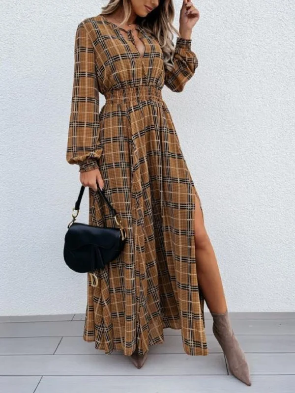 Studded Dresses for Statement -Camel Brown  Maxi Dress with Slit Plaid Tie Neck & Long Sleeves