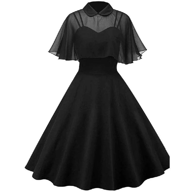 Party Dresses for Celebration -Women's Gothic Lace Overlaid Cape Black Circle Dress