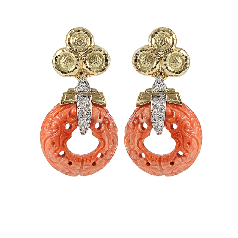 Round Drop Earrings for Classic -Carved Coral and Diamond Earrings