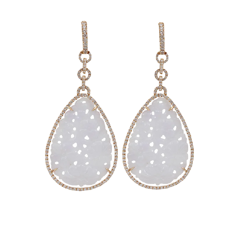 Drop Earrings with Keyhole Designs -Carved Lavender Jade Diamond Earrings