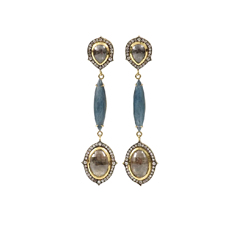 Gemstone and Diamond Drop Earrings for Opulence -Rough Diamond And Kyanite Drop Earrings