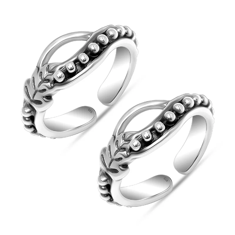 Rings with hexagon-cut stones for trendiness -925 Sterling Silver Oxidized Leaf Design Toe Rings for Women