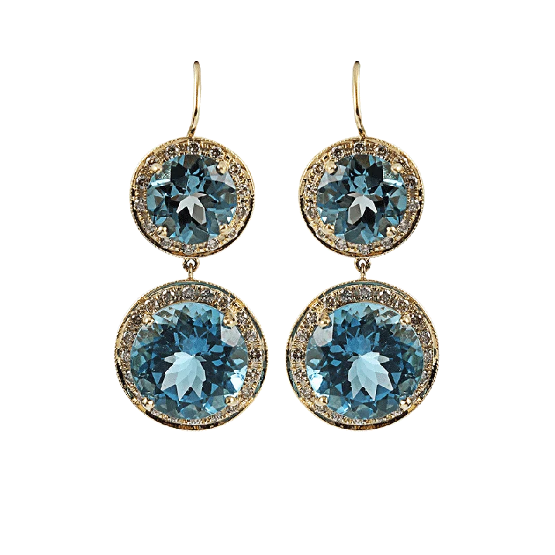 Detachable Drop Earrings with Charms -Round London Blue Topaz and Champagne Diamond Earrings