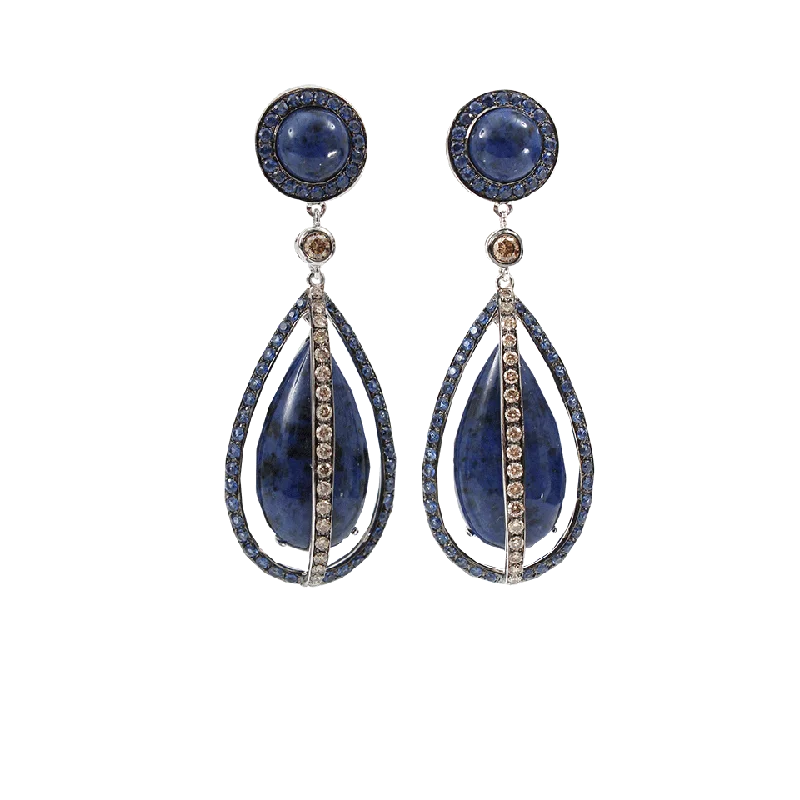 Drop Earrings with Hammered Finish -Caged Lapis Drop Earrings