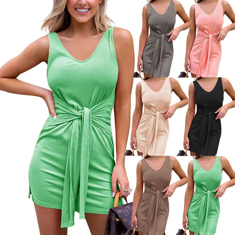 Patchwork Dresses for Bohemian -Ribbed Tank Dress Solid Color Dress