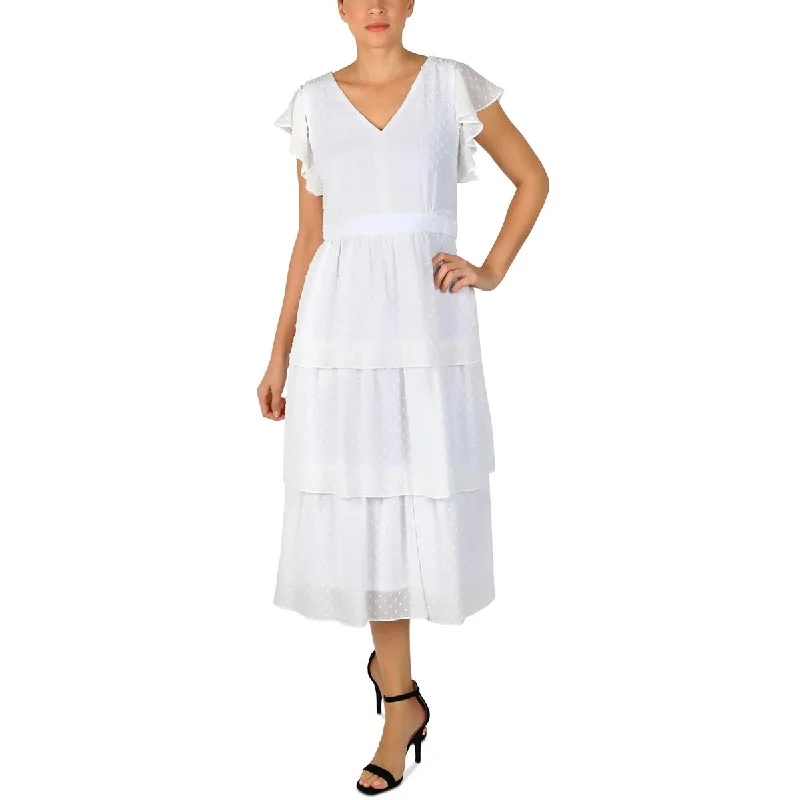 Flared Dresses for Retro -Julia Jordan Womens Tiered Ruffle Sleeves Midi Dress