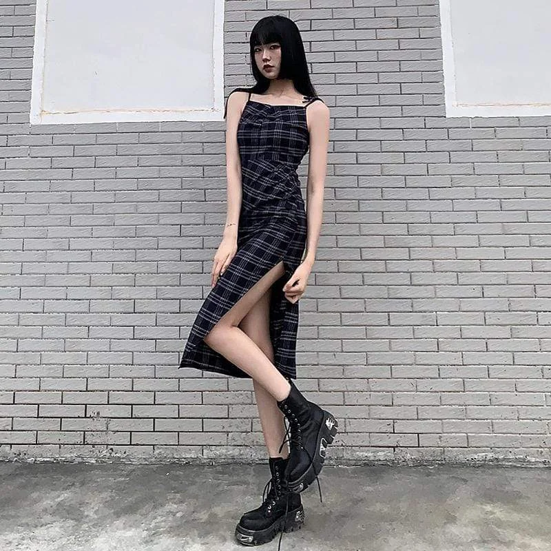 Denim Dresses for Casual Style -Women's Grunge Plaid Slip Dress with Side Slit