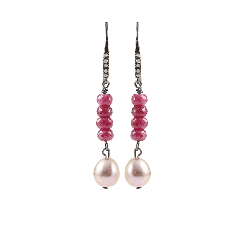 Bohemian Drop Earrings with Tassels -Ruby and Pearl on Diamond Silver Earrings