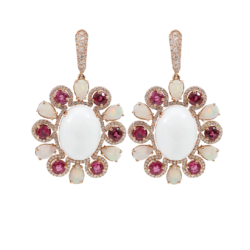 Gothic Drop Earrings with Dark Tone -Opal And Rubellite Flower Drop Earrings