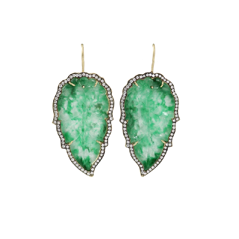 Drop Earrings with Abstract Designs -Hand Carved Jade Leaf Earrings