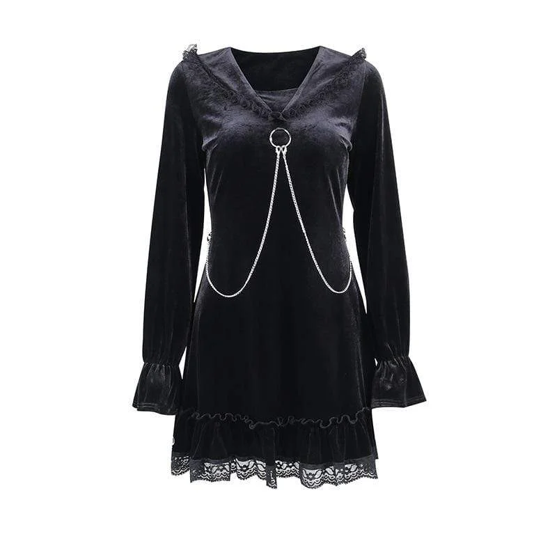 Hippie Dresses with Beads -Women's Grunge Lace Splice Falbala Velvet Dress