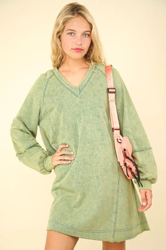 High-waisted Dresses for Flatter -Autumn Mint Mineral Washed Oversized  Mini Dress with Long Sleeves