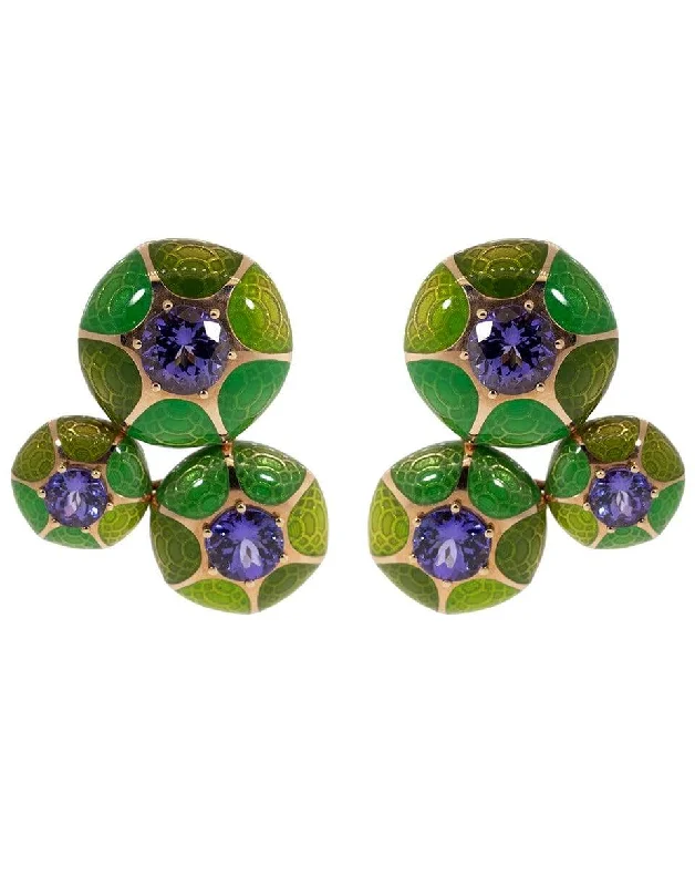 Celtic Drop Earrings with Knotwork -Three Round Green Enamel and Tanzanite Earrings