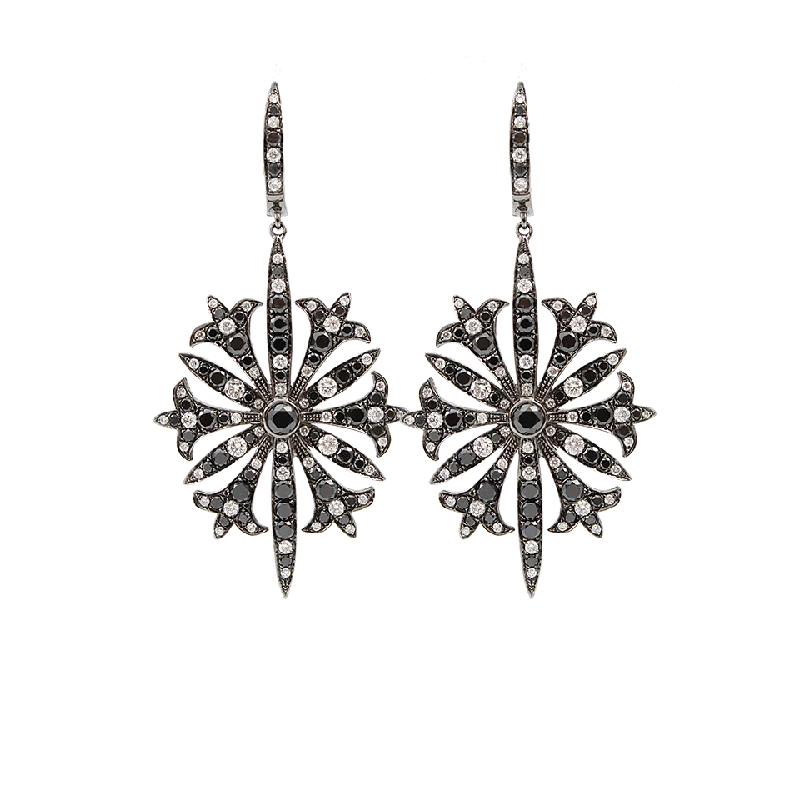 Drop Earrings for Casual Outfit -Black and White Diamond Starburst Earrings