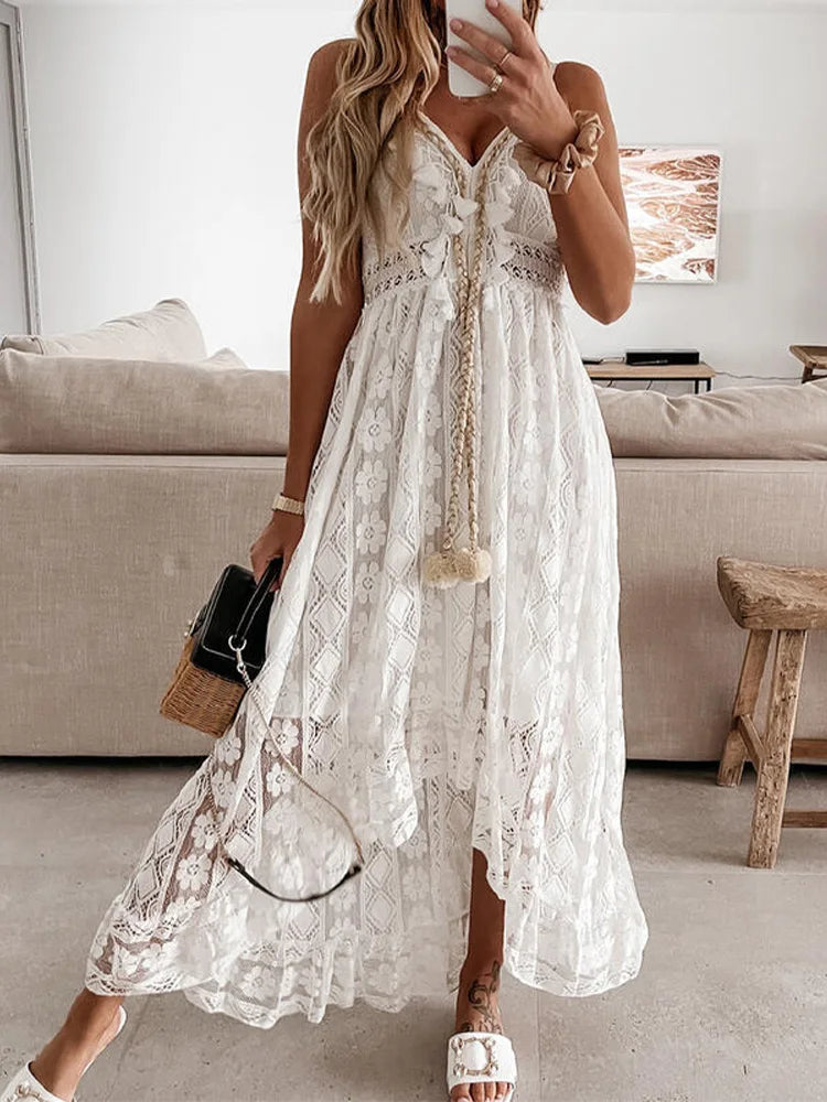 Animal Print Dresses for Fun -Boho White Beige Lace V Neck Dress