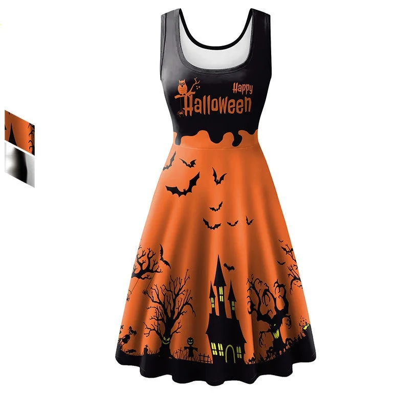 Geometric Dresses for Modern -Women's Halloween Sleeveless Horror Bat Skeleton Digital Printed Dress