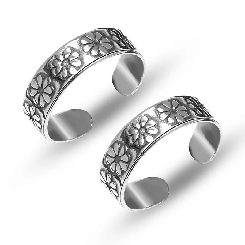 Rings with adjustable bands for perfect fit -925 Sterling Silver Antiqued Floral Adjustable Toe Ring for Women