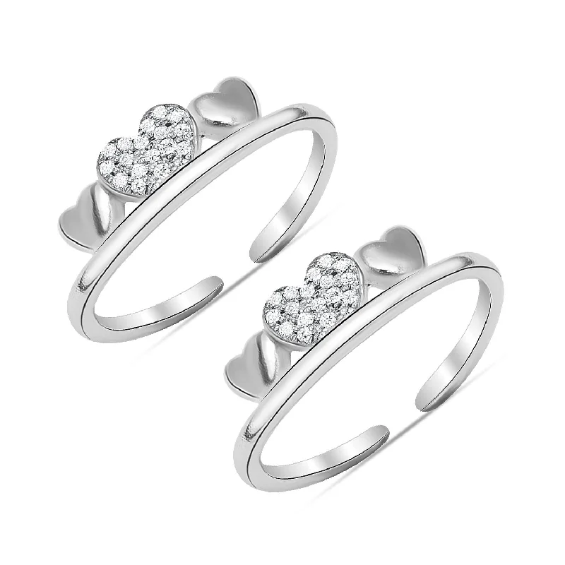 Rings with etched floral bands for detail -925 Sterling Silver Cubic Zirconai Heart Design Crown Adjustable Toe Ring for Women