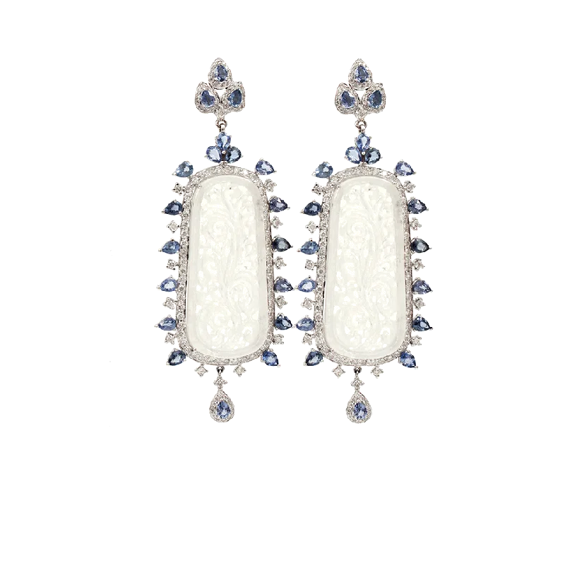 Drop Earrings with Infinity Symbols -Carved White Jade Sapphire Diamond Earrings