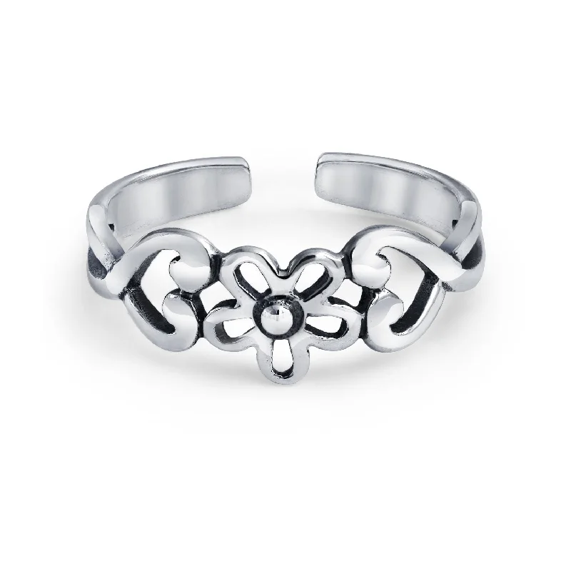 Rings with gothic-inspired skull motif details -Silver Sterling Toe Ring with Flowers & Heart Filigree Design Midi Band