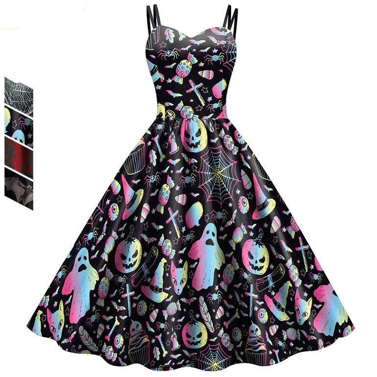 White Dresses for Pure Look -Women's Wansheng Sling Skull Spider Web Digital Printed Dress