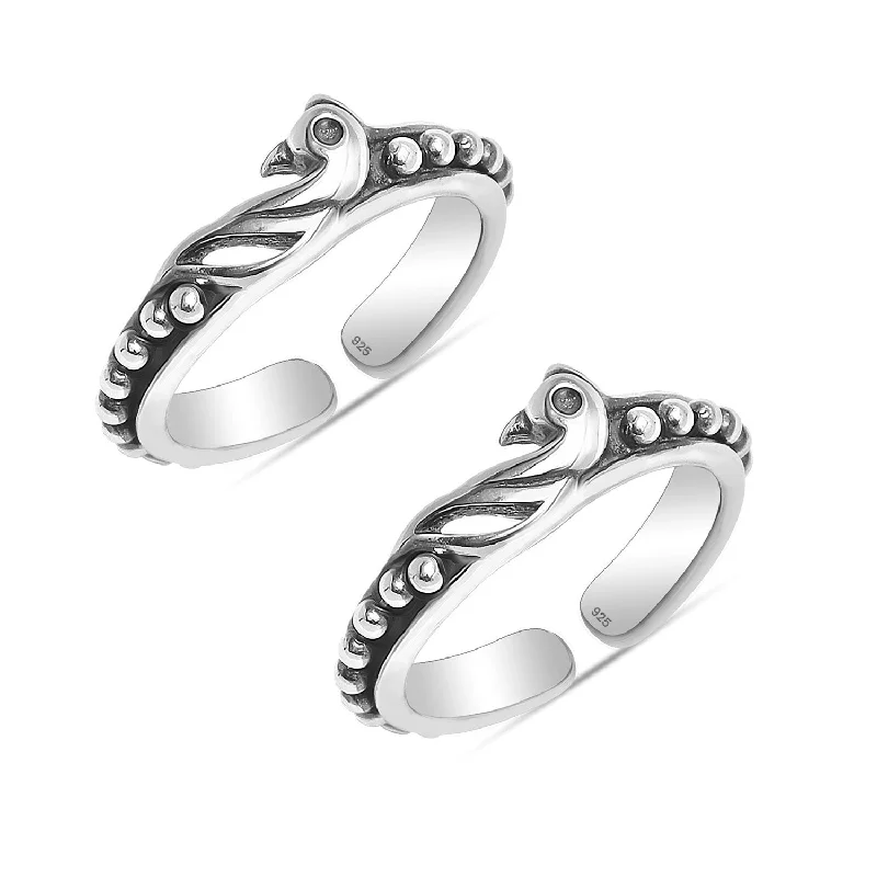 Rings with double bands for modern twist -925 Sterling Silver Oxidized Peacock Design Toe Rings for Women