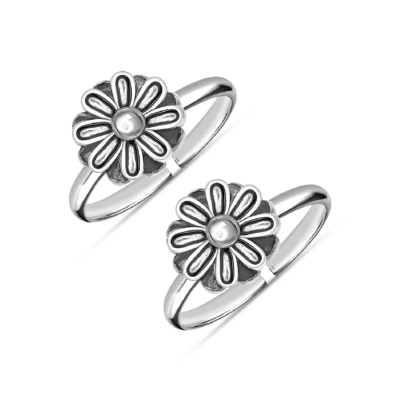 Rings with blue quartz for cool tones -925 Sterling Silver Oxidized Floral Design Toe Rings for Women