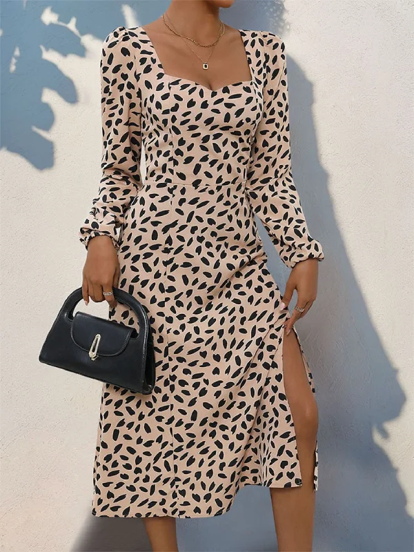 Flared Dresses for Retro -Charming Perfee Tied Slit Midi Dress with Long Sleeve