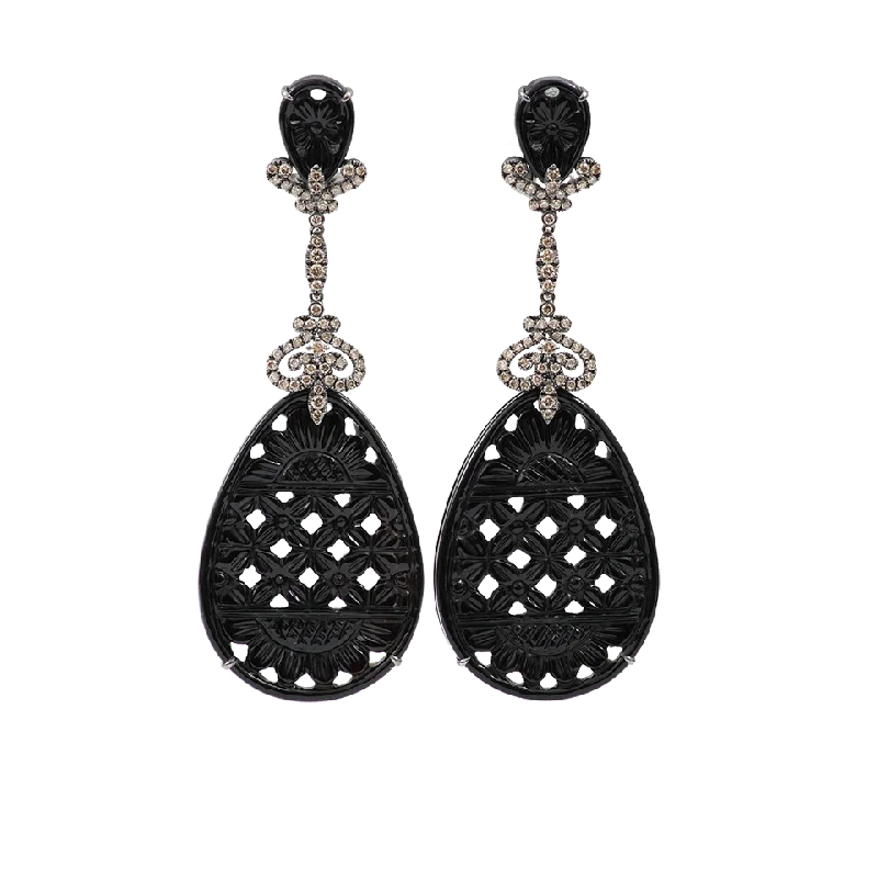 Leverback Drop Earrings for Comfort -Carved Black Onyx Drop Earrings