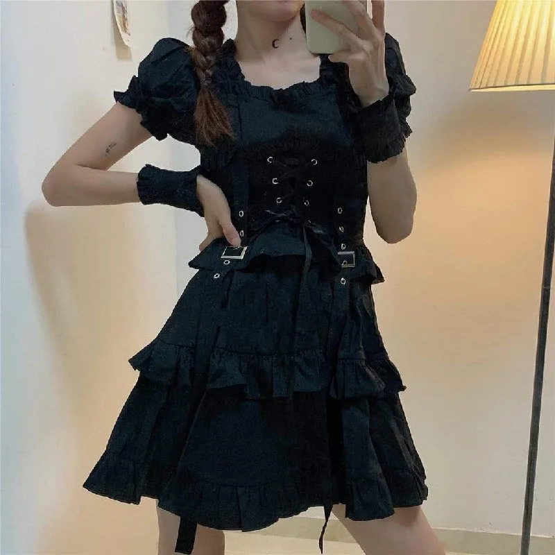 Nylon Dresses for Stretchable -Women's Lolita Adjustable Layered Short Dress Black