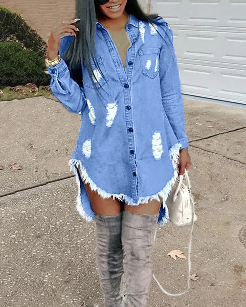 Orange Dresses for Energetic -Blue Jean Denim Ribbed Tassel  Asymmetrical Mini  Shirt Dress with Long Sleeve