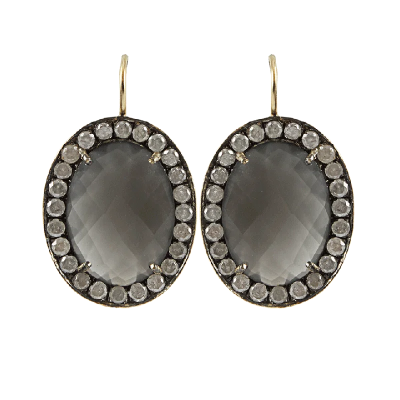 Screw Back Drop Earrings for Security -Oval Grey Moonstone with Ice Diamonds Earrings