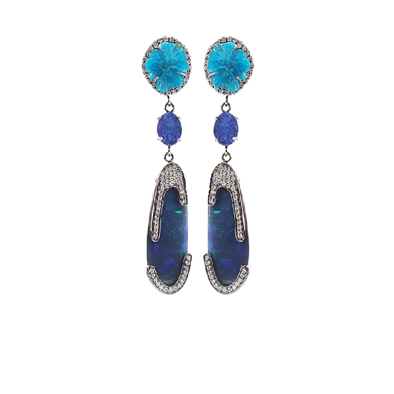 Drop Earrings with Vine Designs -Opal and Cavansite Drop with Diamond Earrings