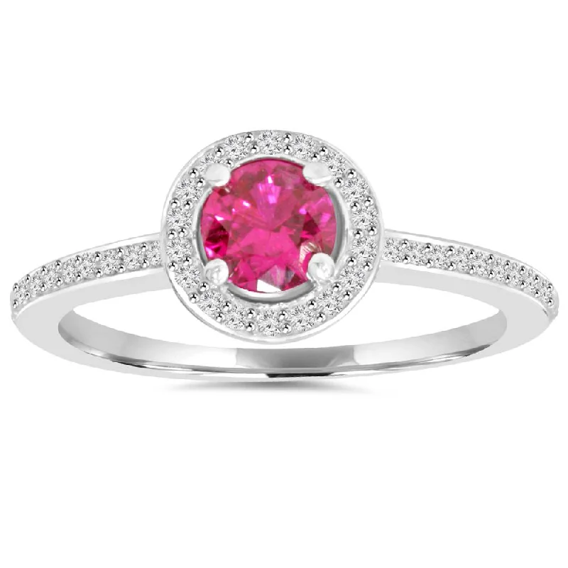 Rings with star sapphire for unique glow -3/4ct Ruby Halo Diamond Pave Enagement Ring 14K White Gold