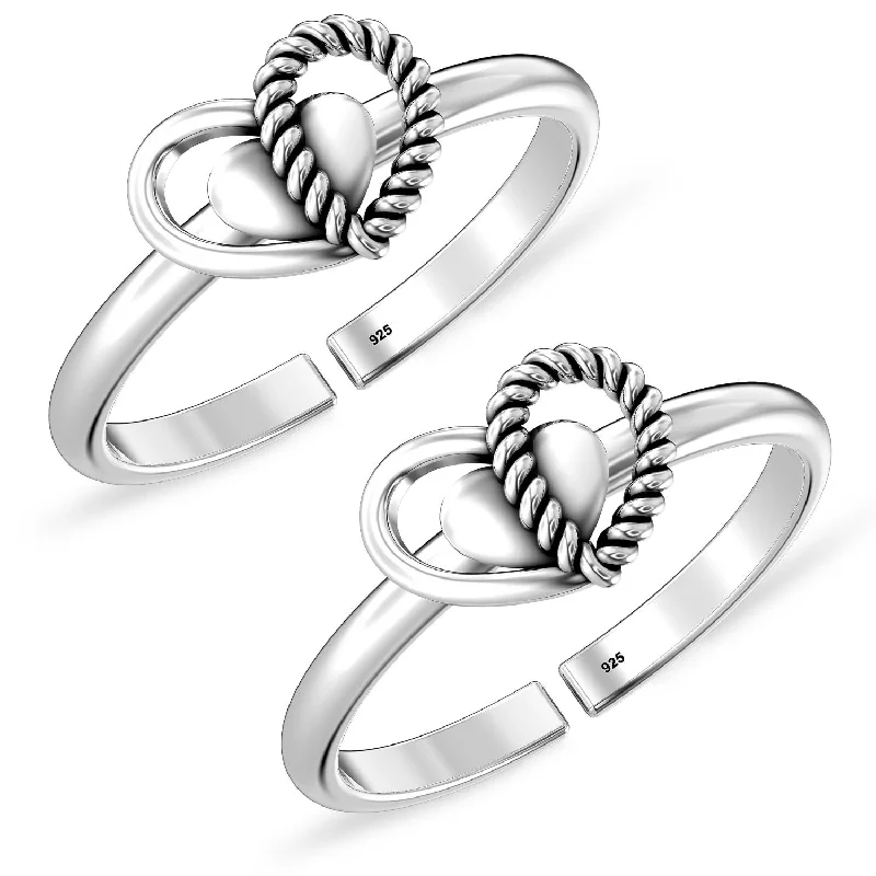 Rings with lotus flower engravings for peace -925 Sterling Silver Designer Oxidized Heart Toe Rings for Women