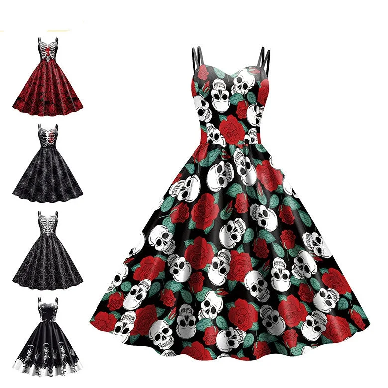 Pink Dresses for Feminine -Women's Wansheng Sling Skeleton Skull Digital Printed Dress