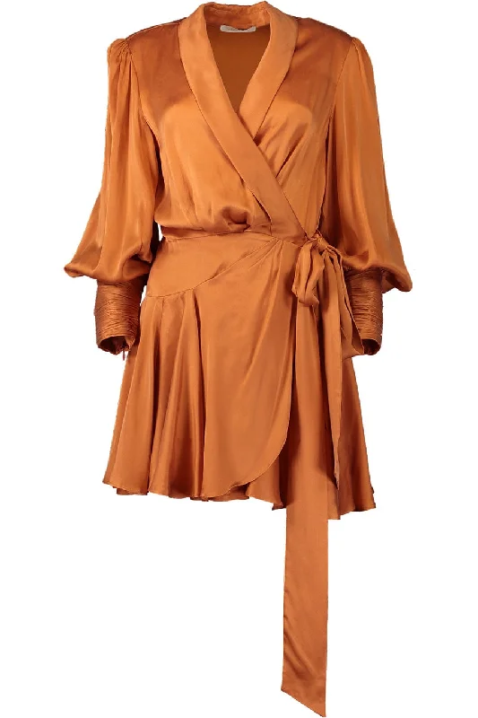 A-line Dresses for Flattering -Silk Wrap Mini Dress - Tangerine